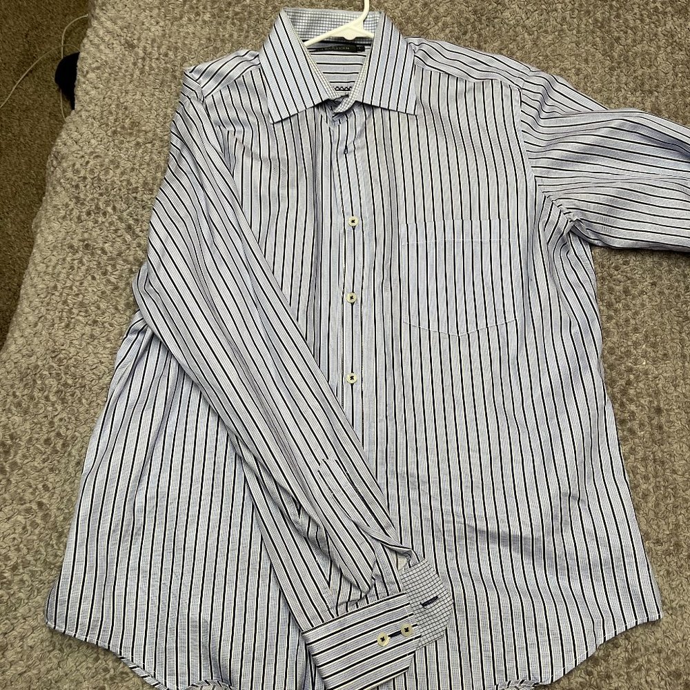 Bugatchi Men's Formal Long Sleeve Button Down Shirt, Large, Blue Stripe